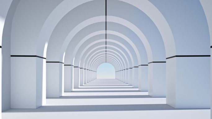 白色拱形走廊隧道太阳照射光影变化时间流逝
