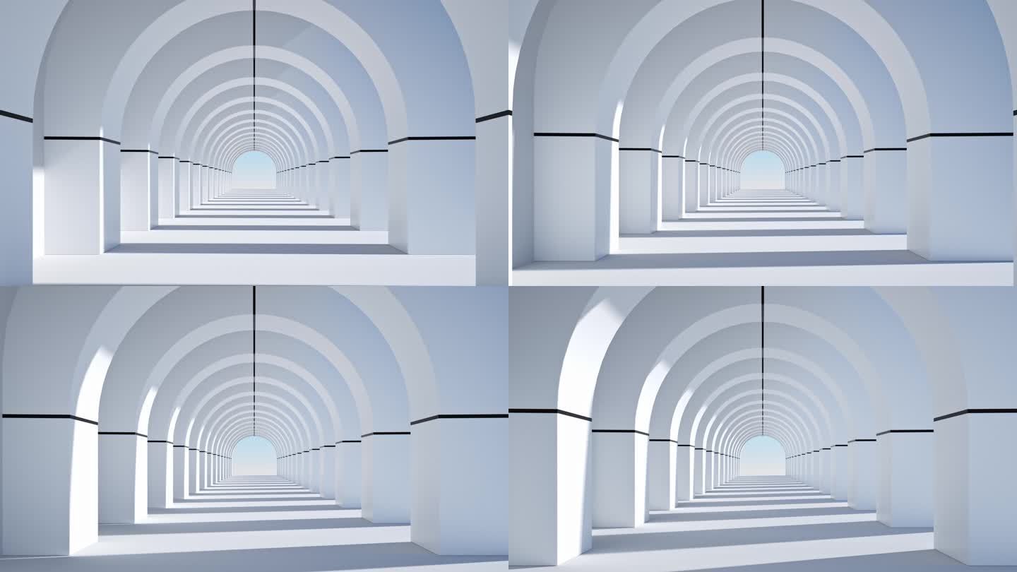 白色拱形走廊隧道太阳照射光影变化时间流逝