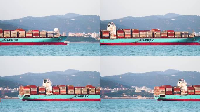 一艘巨型货轮满载货柜出海