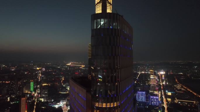 航拍江苏南京鼓楼区紫峰大厦城市夜景景观