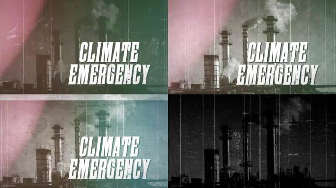 展示工厂和“气候紧急情况”字样的老式电影
