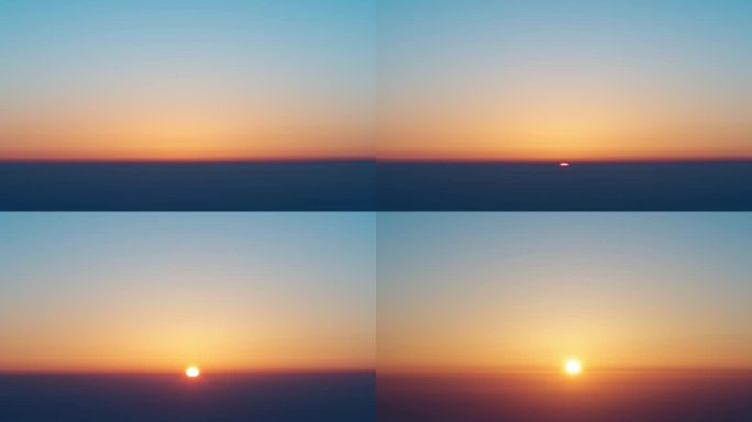 从山顶看日出的4K延时镜头，太阳从云层地平线升起，金色的太阳与温暖的云和蓝天背景。
