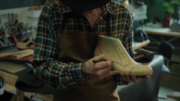 年轻的男鞋匠正在车间里绘制鞋楦的图案。