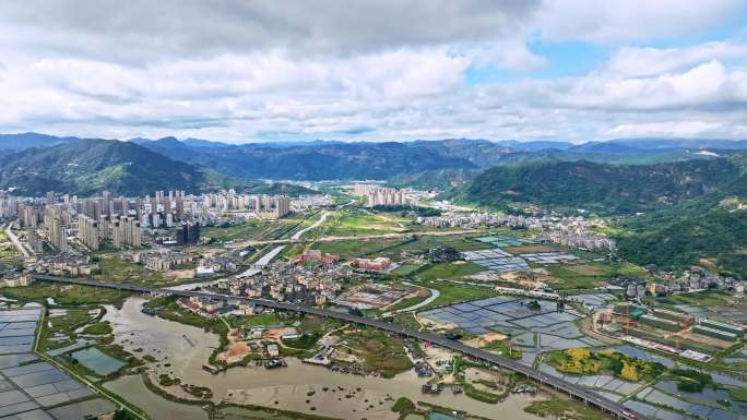 航拍福建宁德霞浦北岐滩涂 霞浦县城全景