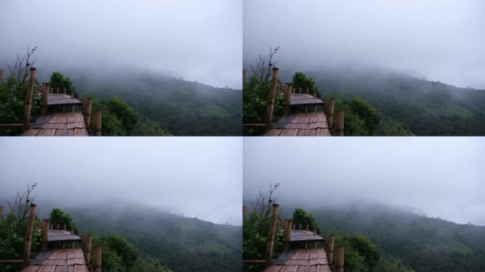 竹桥和美丽的山景在雾天
