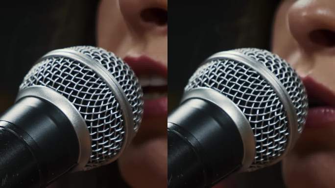 歌手在音乐工作室对着麦克风唱歌，特写。垂直视频