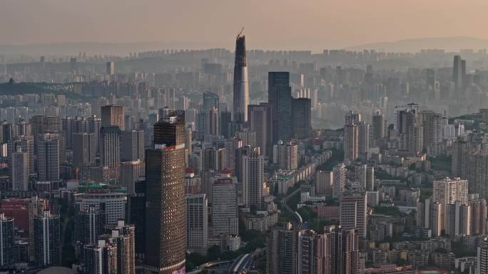 长焦拍摄的陆海国际山城重庆朝霞航拍空镜