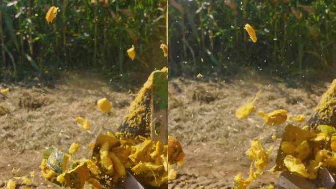 联合收割机拖车在农场收获种子时扔南瓜剩菜的特写-垂直