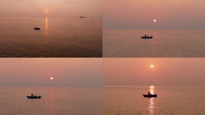 海上日出风景 渔船出海 自然风光