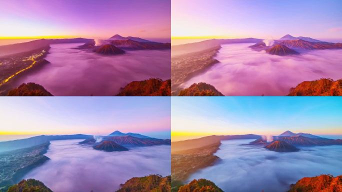 在印尼东爪哇的Bromo Tengger塞梅鲁国家公园，从金刚视角看日出时壮观的Bromo火山。自然