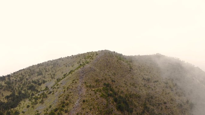 空中无人机视图的El Ajusco山坡笼罩在低雾在墨西哥。