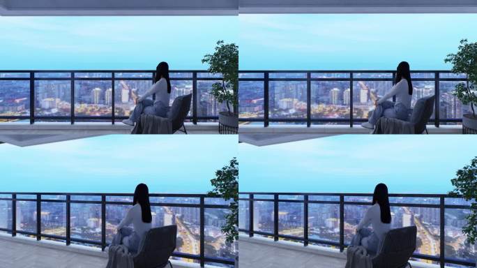 4K女人阳台看城市夜景