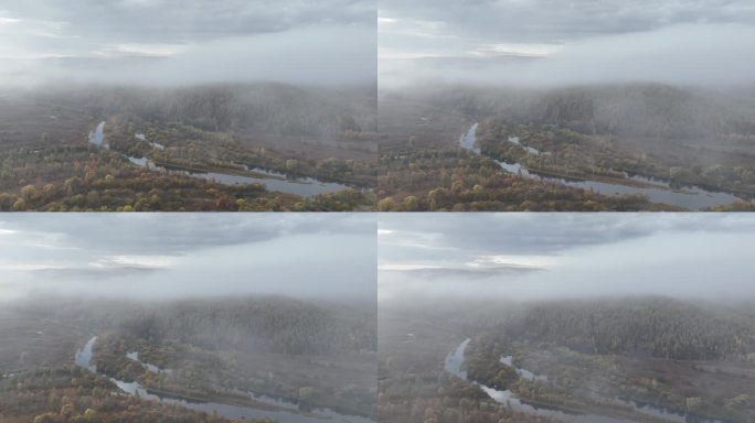航拍秋季森林、河流晨雾缥缈