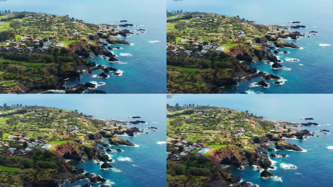 电影的空中无人机视图美丽的海岸线在圣米格尔岛，亚速尔群岛-葡萄牙。
鸟瞰风景如画的风景。蓝蓝的大海，