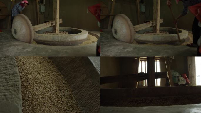 传统石磨水法舂米