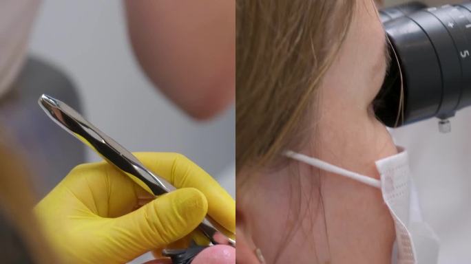 龋齿预防综述。在一次牙科手术中，一位妇女坐在牙医的椅子上，黄色的洗手手套
