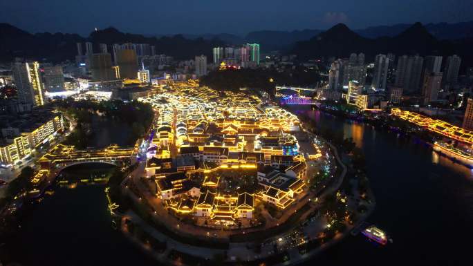 贵州铜仁中华门古城夜景灯光航拍