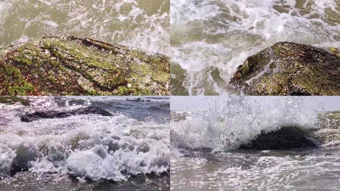 海浪滚滚打礁石海水海浪礁石大海拍打击岩石