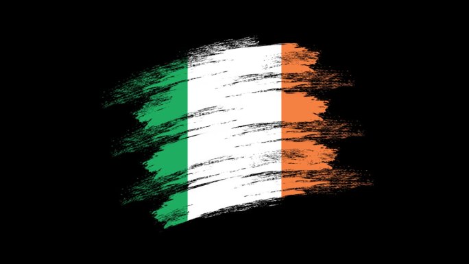 4K油漆刷爱尔兰国旗与阿尔法频道。挥舞着刷过的爱尔兰旗帜。透明背景纹理织物图案高细节。
