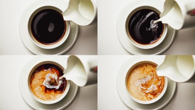 白色杯子里的咖啡。在意式咖啡咖啡馆，用牛奶奶油酿造新鲜的阿拉比卡咖啡。在工作室拍摄的微距镜头下，从设