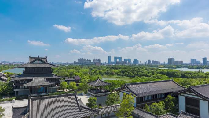 古典园林建筑天空云朵延时