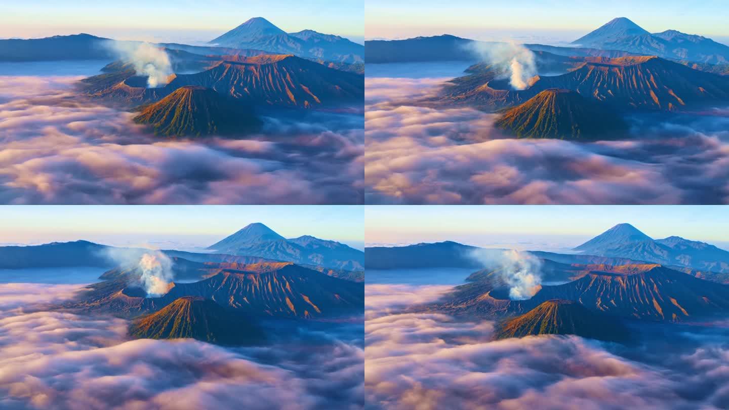 在印尼东爪哇的Bromo Tengger塞梅鲁国家公园，从金刚视角看日出时壮观的Bromo火山。风景