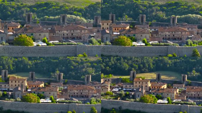 托斯卡纳蒙特里久尼中世纪小镇山顶鸟瞰图，意大利老城，托斯卡纳风景景观与古老的蒙特里久尼城墙城，无人机
