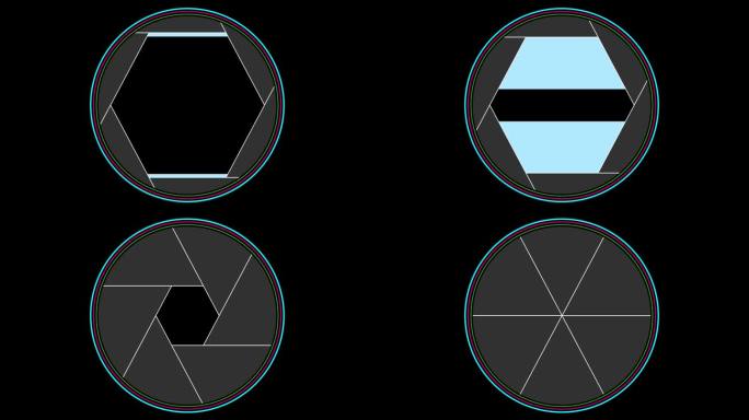 镜头光圈和相机拍摄动画或模拟在黑色背景。在高快门速度下拍照时，相机光圈打开和关闭。
