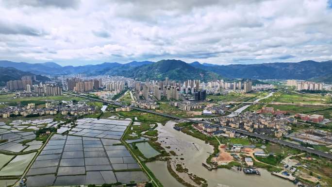 航拍福建宁德霞浦北岐滩涂 霞浦县城全景