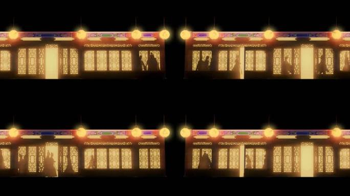 3D古代夜晚氛围建筑里人影走动视频素材