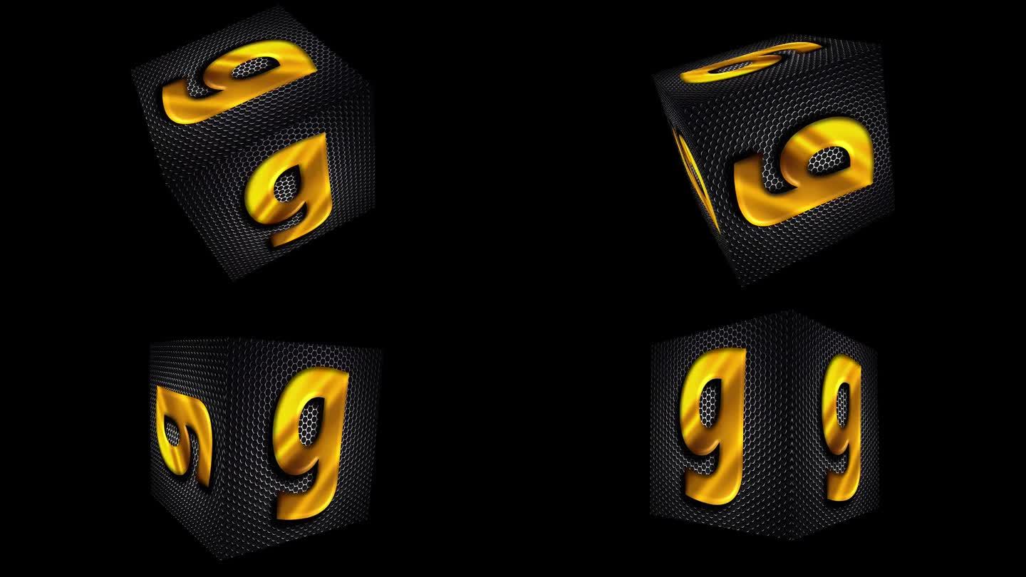 在黑色背景上旋转的盒子和小写字母G的动画