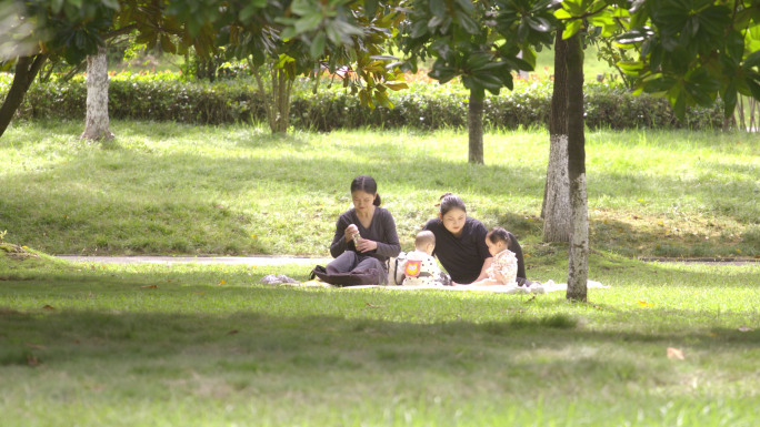 秋日公园里晒太阳带小孩遛狗散步的人们