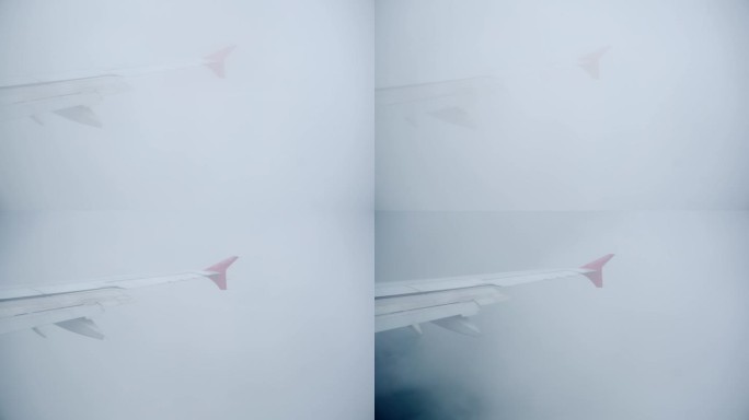 从内部看飞机机翼，在云层中飞行。