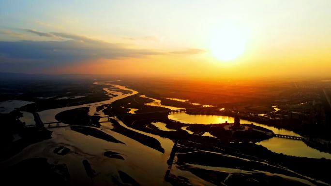 黄河平原蜿蜒流淌-黄河落日黄昏大气航拍