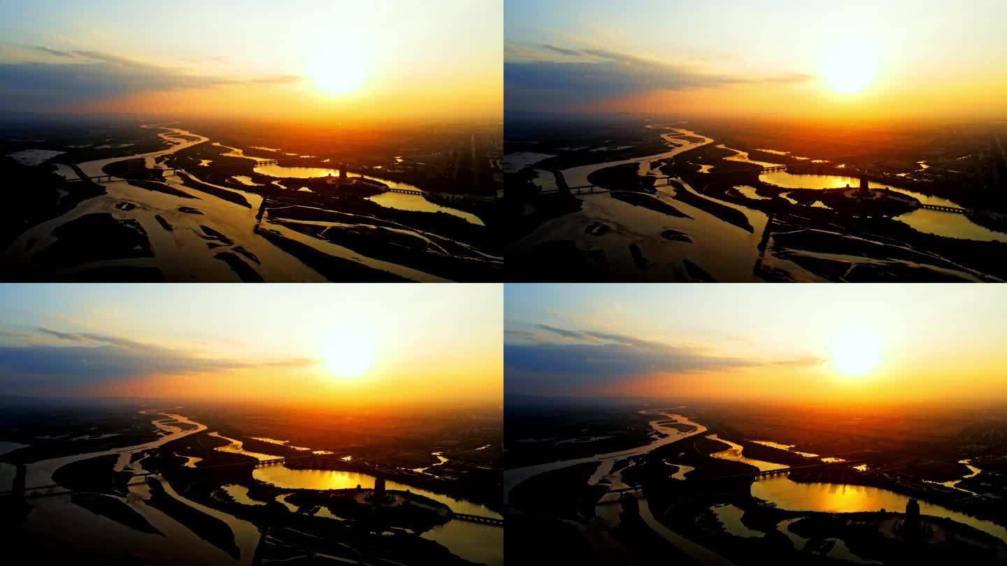 黄河平原蜿蜒流淌-黄河落日黄昏大气航拍