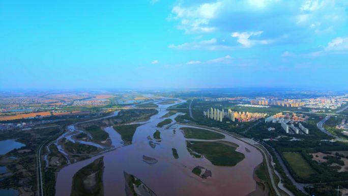 黄河湿地生态建设-湿地城市河流大景航拍