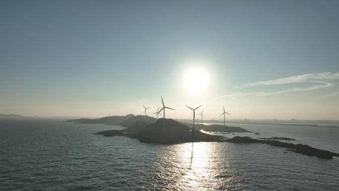 大海日出风车航拍海岛海上发电海洋风力发电