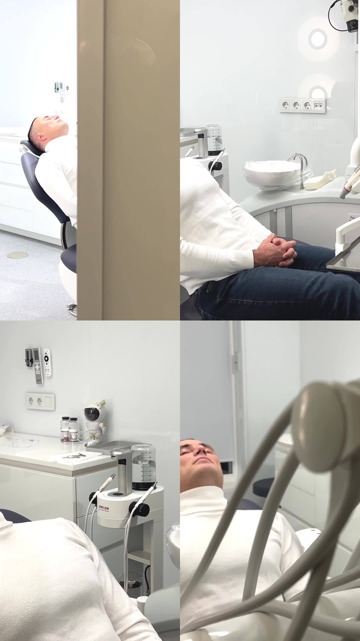 最新的牙科技术，电子打开门，相机进来，拍下病人在牙科椅皮周围白色清洁无菌