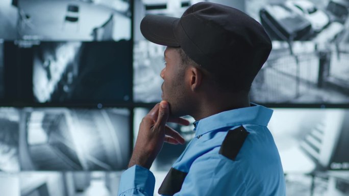 沉思的非裔美国警卫看着多个屏幕上的监控录像
