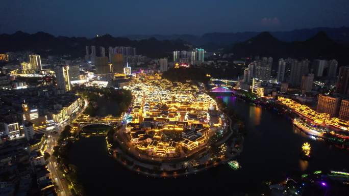 贵州铜仁中华门古城夜景灯光航拍