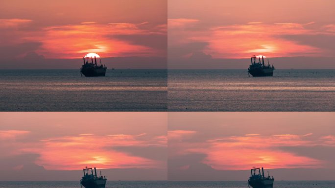 【延时】太阳落在海面的轮船上