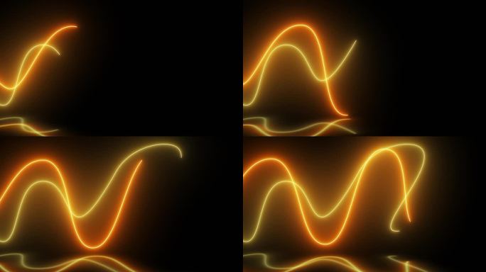 黑色背景上闪烁着金色和橙色波浪线的慢动作。动画线条图案。