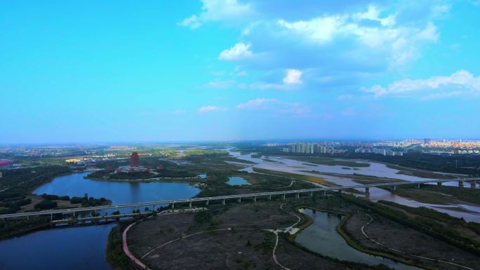 黄河生态建设-大桥河流湿地城市航拍