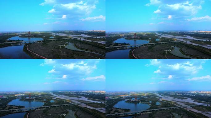 黄河生态建设-大桥河流湿地城市航拍