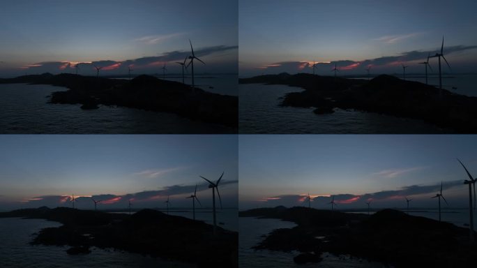 夜晚海岛风车航拍大海夜幕降临海洋小岛风景