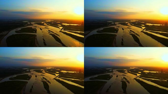 黄河落日黄昏大气航拍-黄河平原蜿蜒流淌