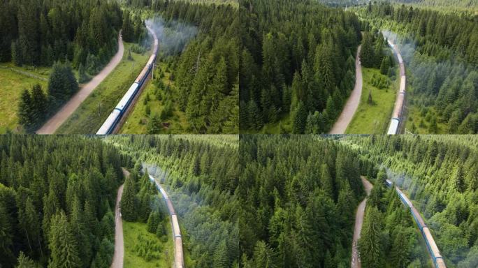 老旧的柴油列车沿着铁路车道行驶，山林美景秀丽