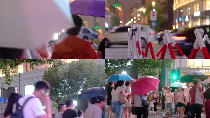 城市夜晚下雨天雨景人流夜景行人过马路街景