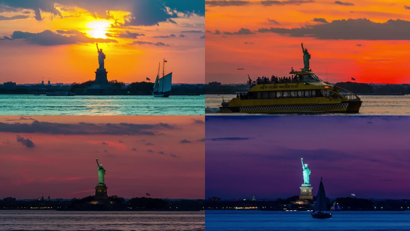 自由女神像，纽约市，白天到晚上，史诗日落4K延时视频