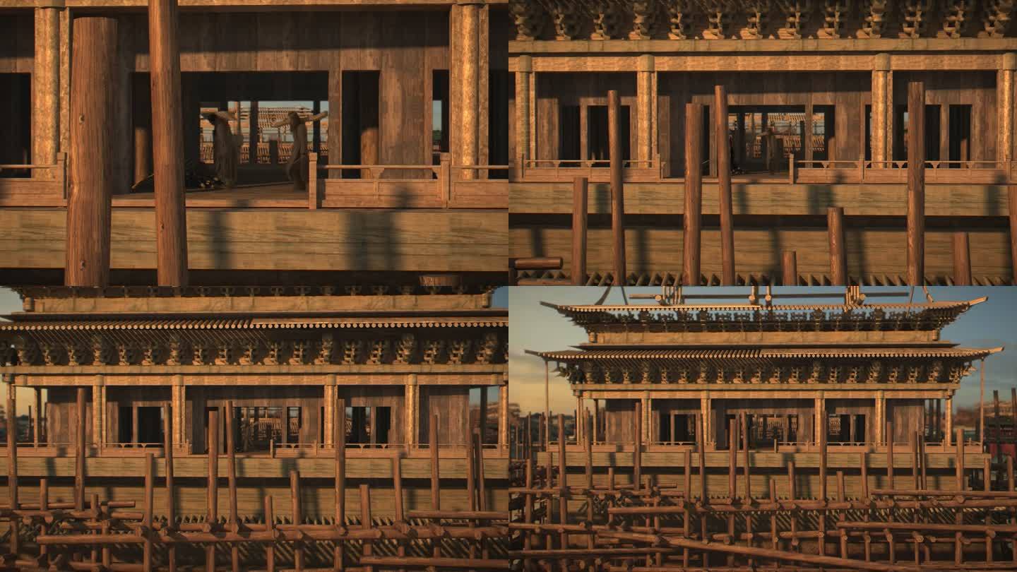 古代工人抬木桩修建宫殿的视频动画
